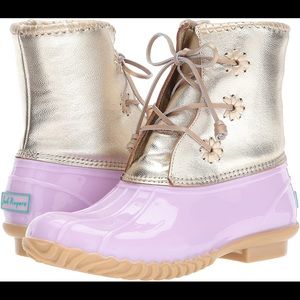 Jack Rogers purple and gold rain boots. Size 8.